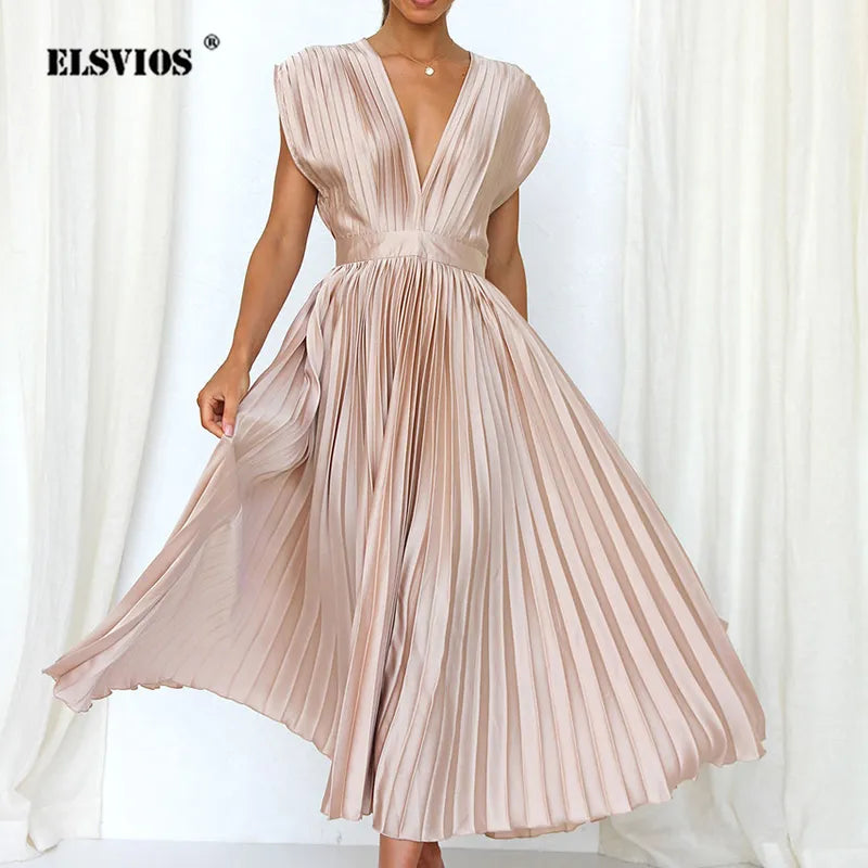 Elegantes Maxikleid mit V-Ausschnitt und Plissee