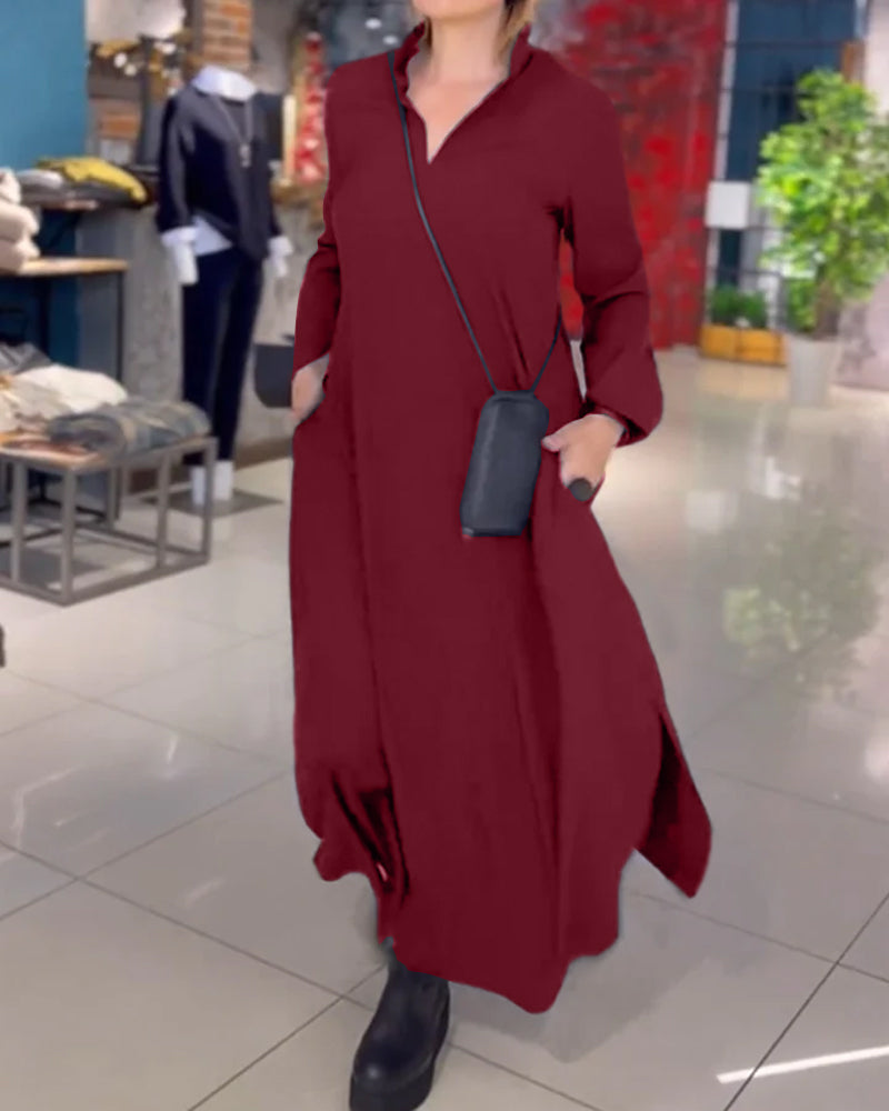 Enya™- Lockeres langes Kleid mit seitlichem Schlitz am Revers