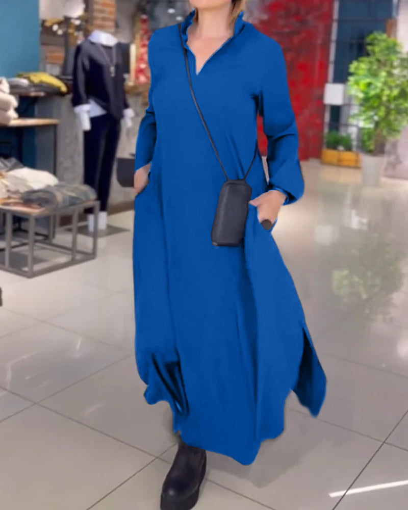 Enya™- Lockeres langes Kleid mit seitlichem Schlitz am Revers