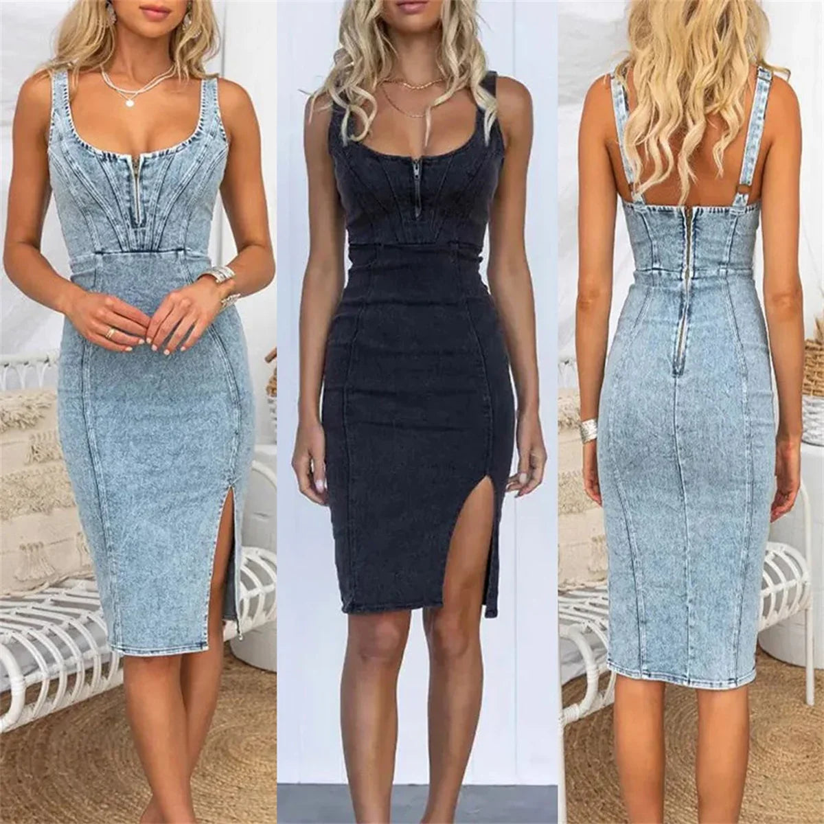 Heather – Ärmelloses Retro-Bodycon-Kleid aus Denim