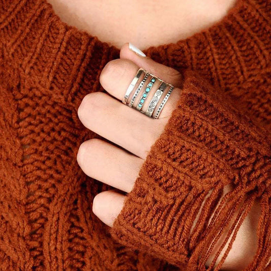 Brenda – Damen Bohemian Mehrband-Ring mit Türkis-Akzenten – Vintage-inspiriertes Ethno-Design