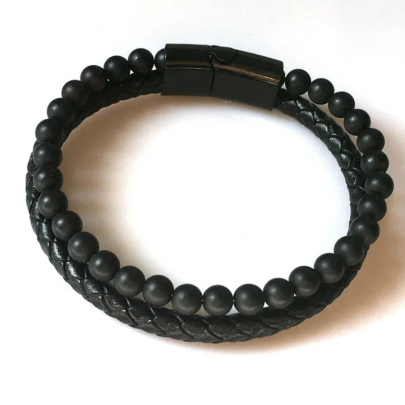 Jude – Geflochtenes Herrenlederarmband mit Lavastein und Tigerauge-Perlen