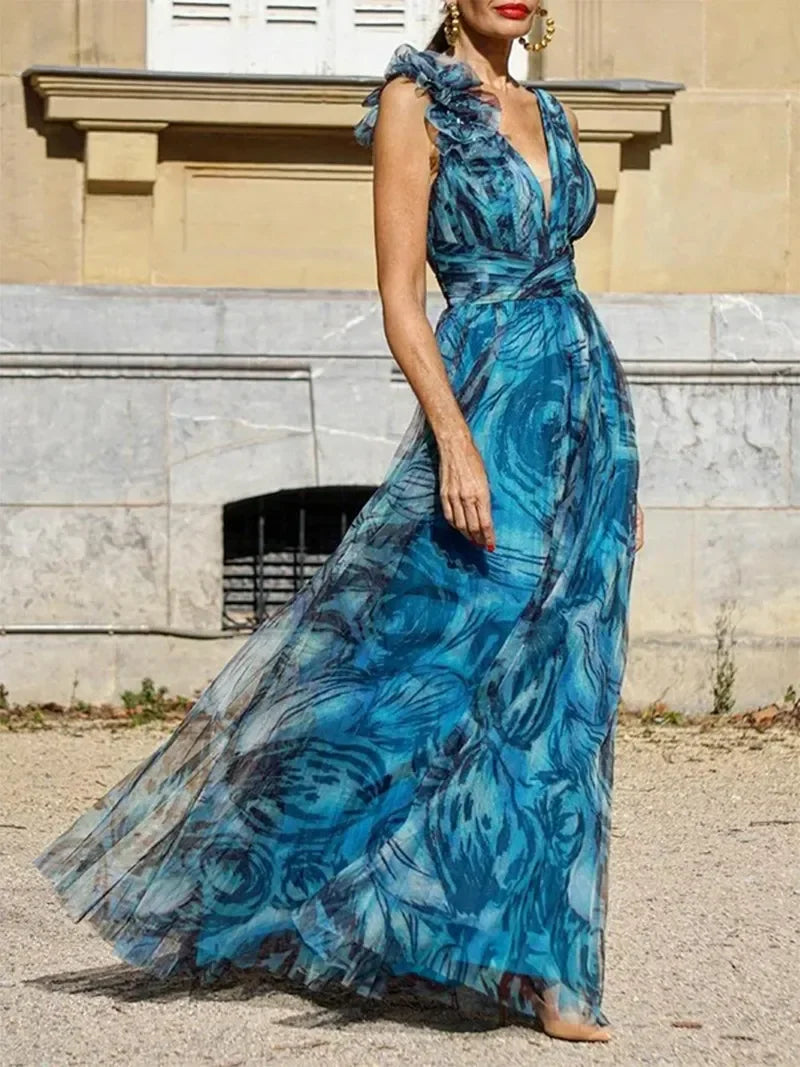 Elegantes Maxi-Kleid mit raffiniertem Ausschnitt und gerüschten Trägern