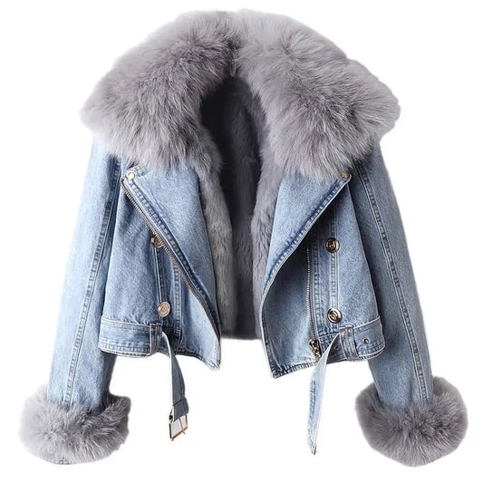 Elena - Warme Denim Winterjacke mit Abnehmbarem Kunstpelz