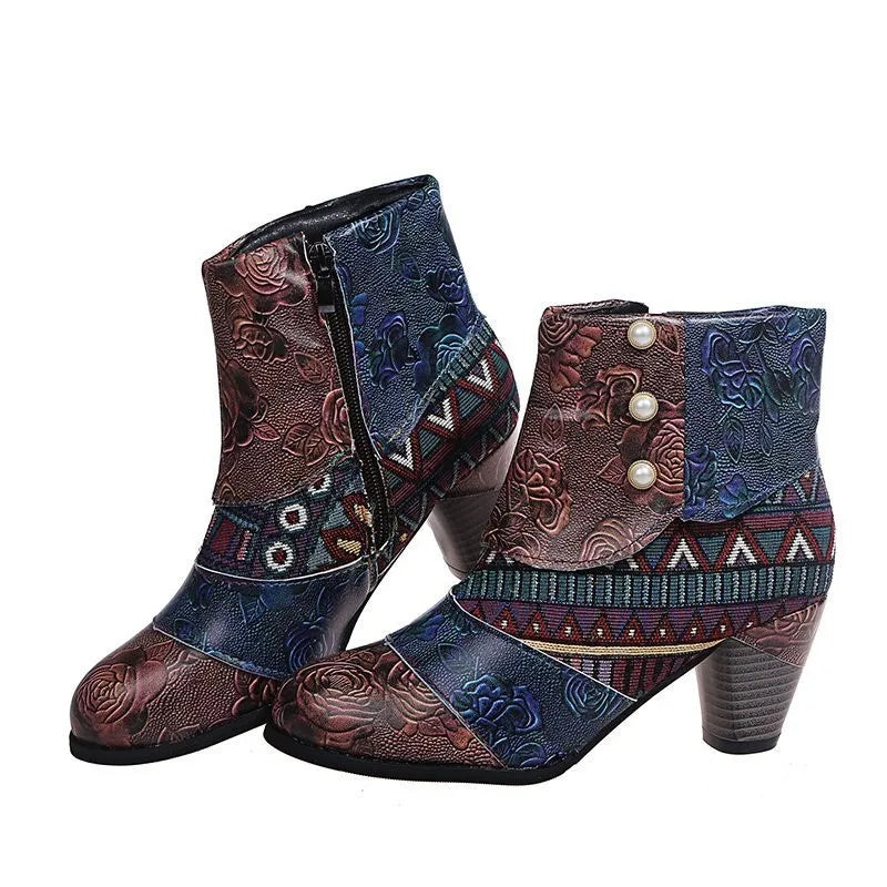 Denise – Vintage Bohemian Lederstiefeletten mit Bequemem Absatz