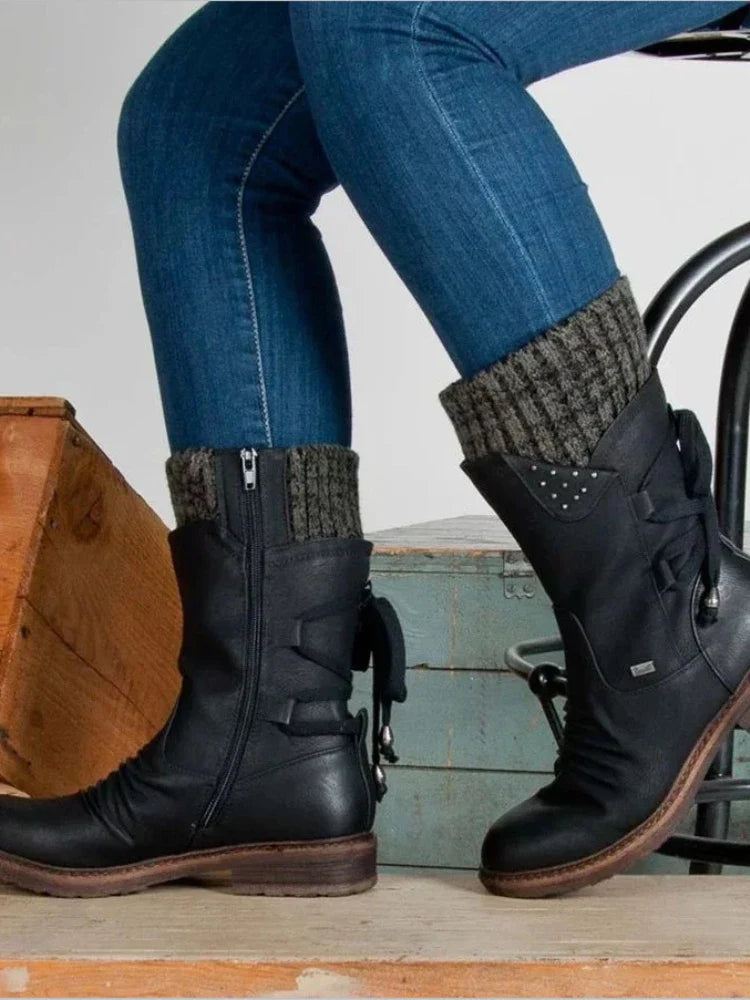 Wendy – Retro Damen Stiefeletten mit Strick und Seitenreißverschluss