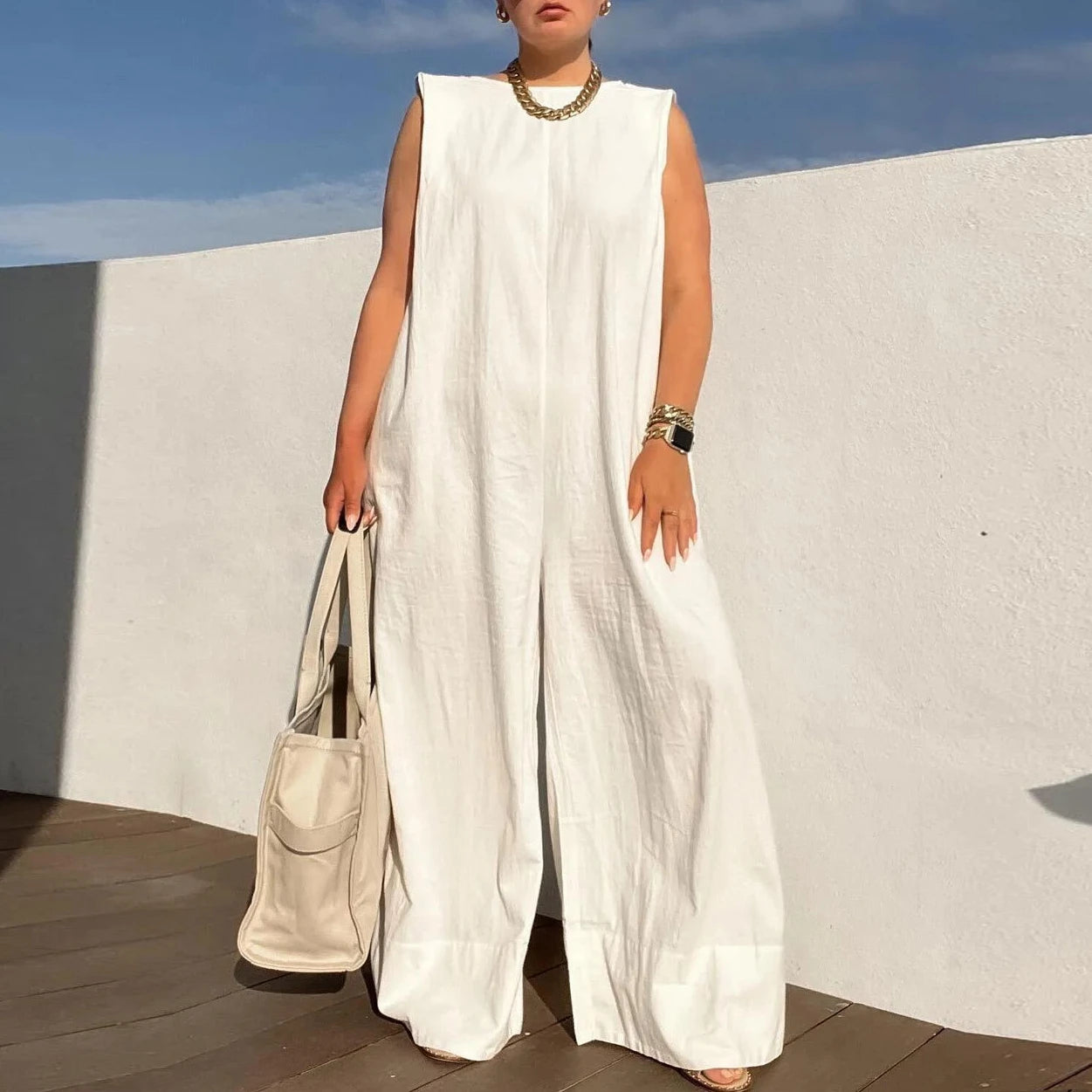 Delfina™ - Unifarbener ärmelloser Jumpsuit mit weitem Bein