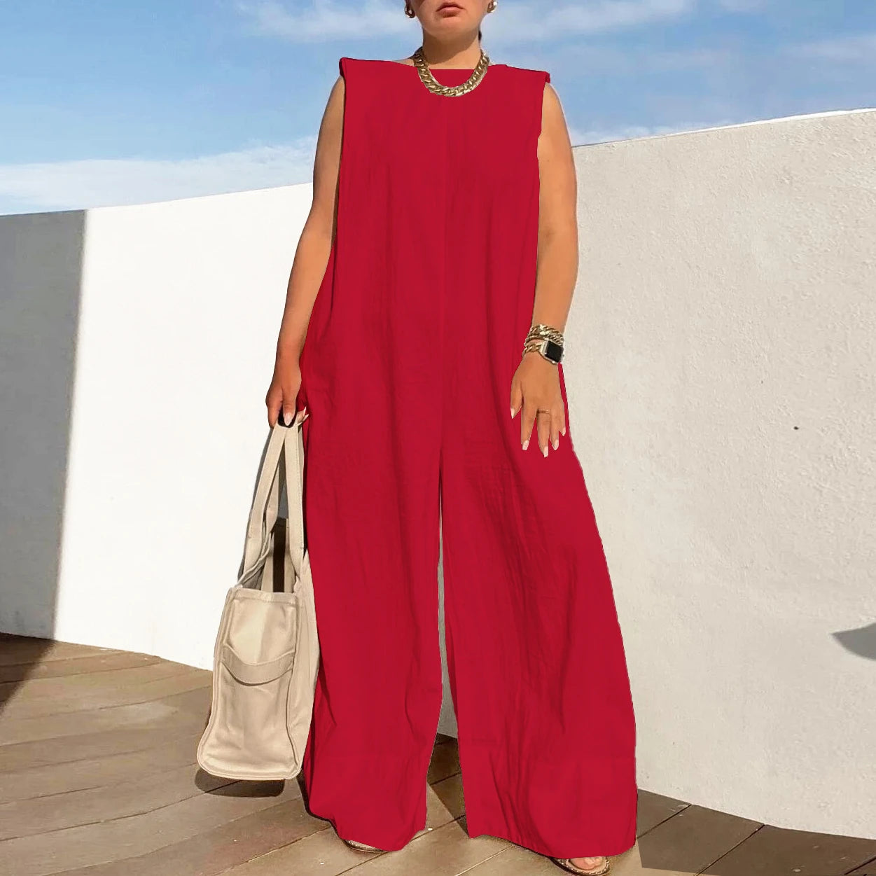 Delfina™ - Unifarbener ärmelloser Jumpsuit mit weitem Bein