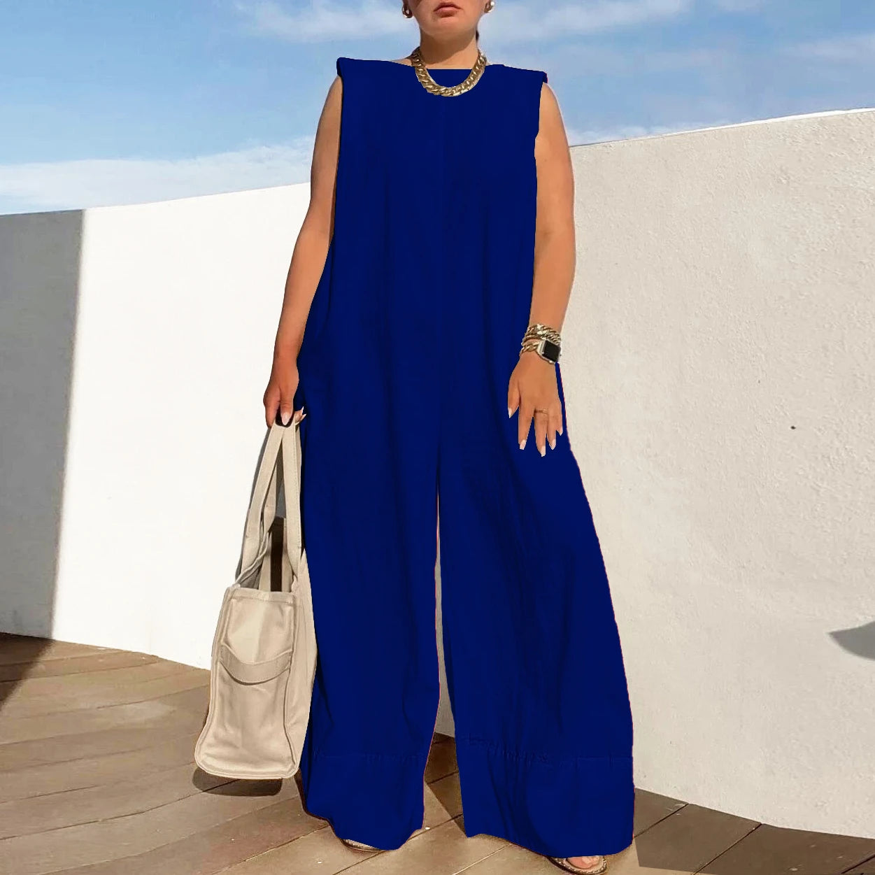 Delfina™ - Unifarbener ärmelloser Jumpsuit mit weitem Bein