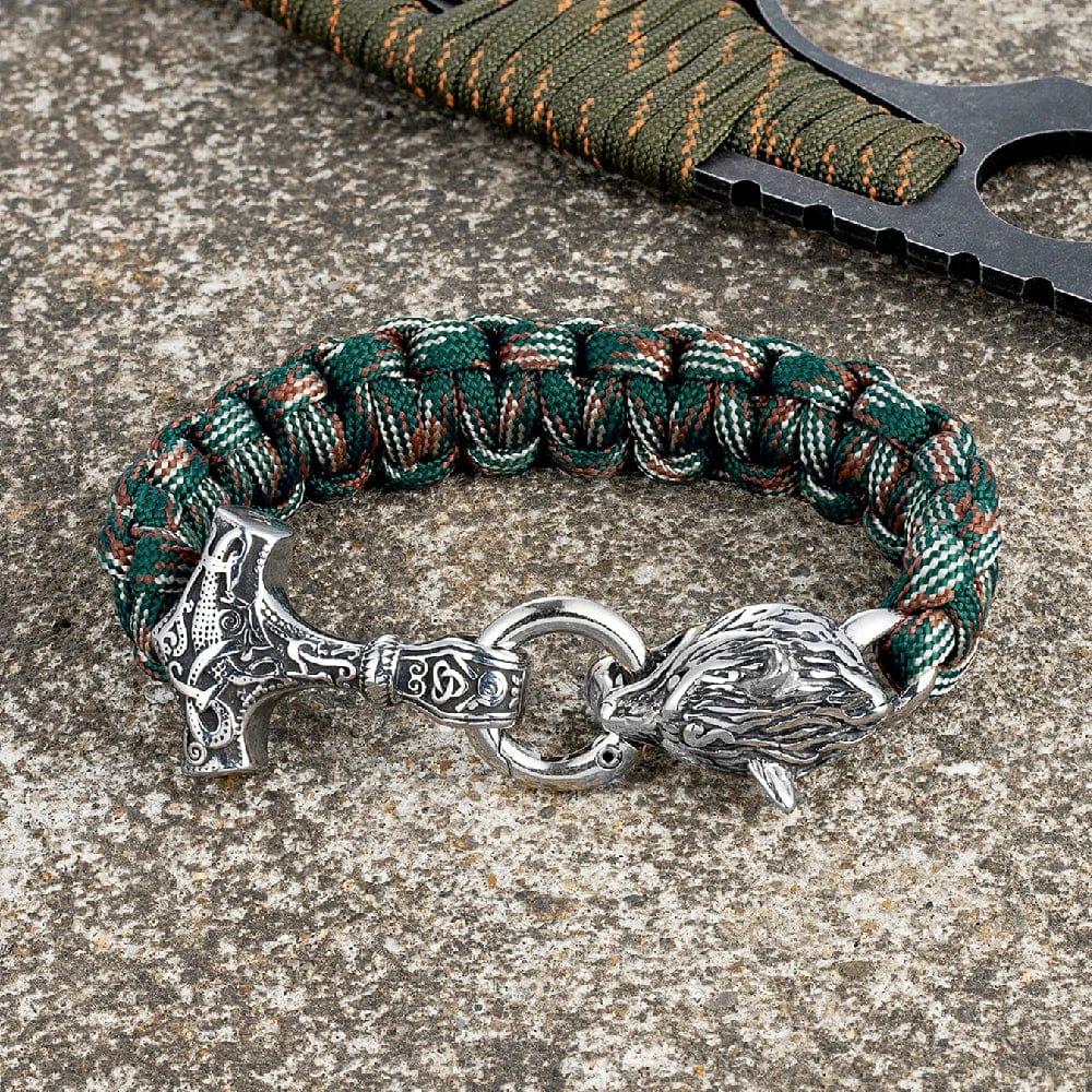 Nathan – Herrenarmband mit Thors Hammer und Wolfskopfverschluss – Von der nordischen Mythologie inspiriertes Design