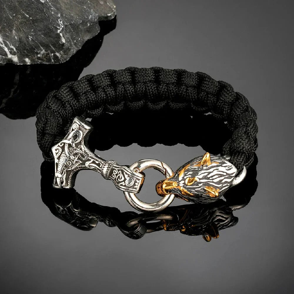 Nathan – Herrenarmband mit Thors Hammer und Wolfskopfverschluss – Von der nordischen Mythologie inspiriertes Design