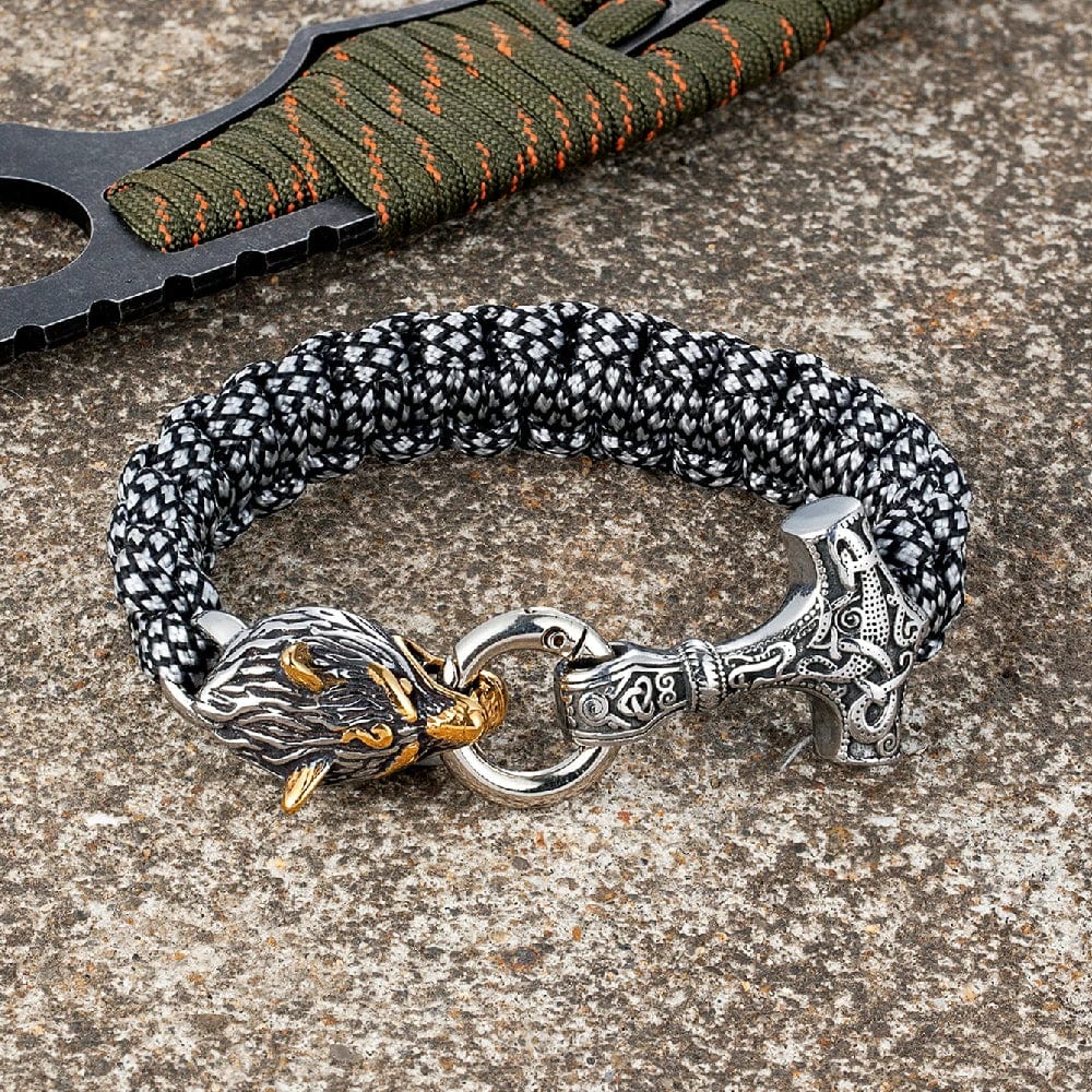 Nathan – Herrenarmband mit Thors Hammer und Wolfskopfverschluss – Von der nordischen Mythologie inspiriertes Design